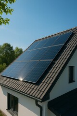 Close-up of rooftop solar panels on modern house under clear blue sky. Clean energy and eco-friendly technology.