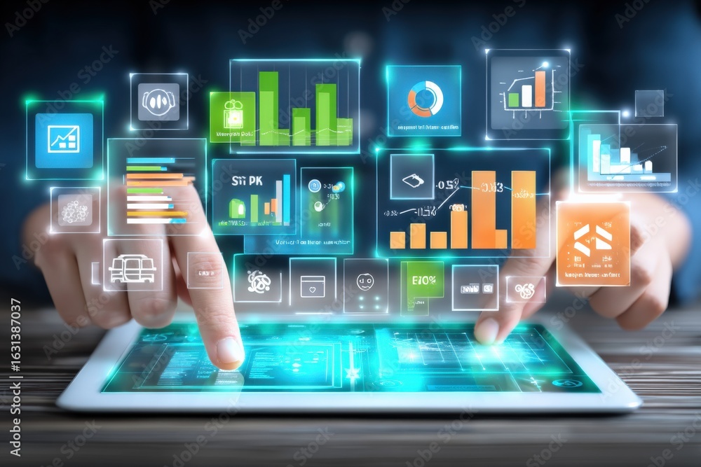 Poster analyzing data on tablet with emerging digital interface, information technology, business intellige