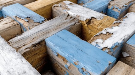 Exploring the Intricate Beauty of Wooden Blocks Enhanced by Striking Blue Paint in Abstract Art