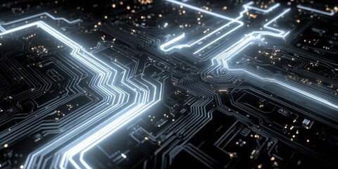 Futuristic Circuit Board Design with Glowing Lines and Technology Components for High Tech Solutions
