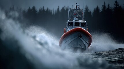 Fototapeta premium Coastline Patrol Boat Navigating Rough Waters: A Dramatic Maritime Scene with Coast Guard Vessel