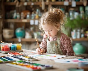 Focused Young Girl Painting a Watercolor Picture at Wooden Table in Creative Studio