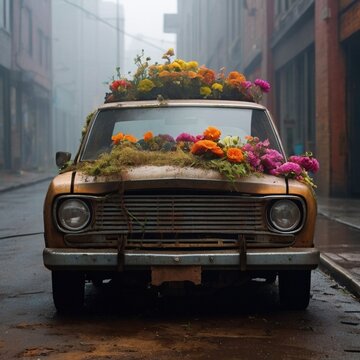 Fototapeta Rusty vintage cars turned into flower planters on foggy urban streets, symbolizing urban decay and nature’s reclaiming power.