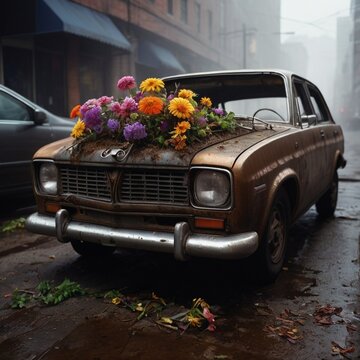 Fototapeta Rusty vintage cars turned into flower planters on foggy urban streets, symbolizing urban decay and nature’s reclaiming power.