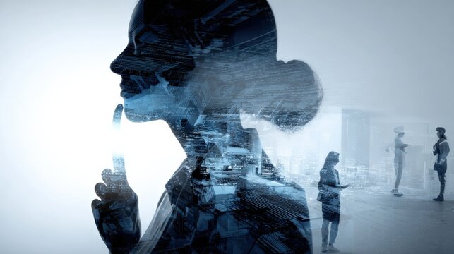 Female Professional Silhouette Overlayed with Modern Cityscape, Representing Innovation and Business Strategy, with Colleagues