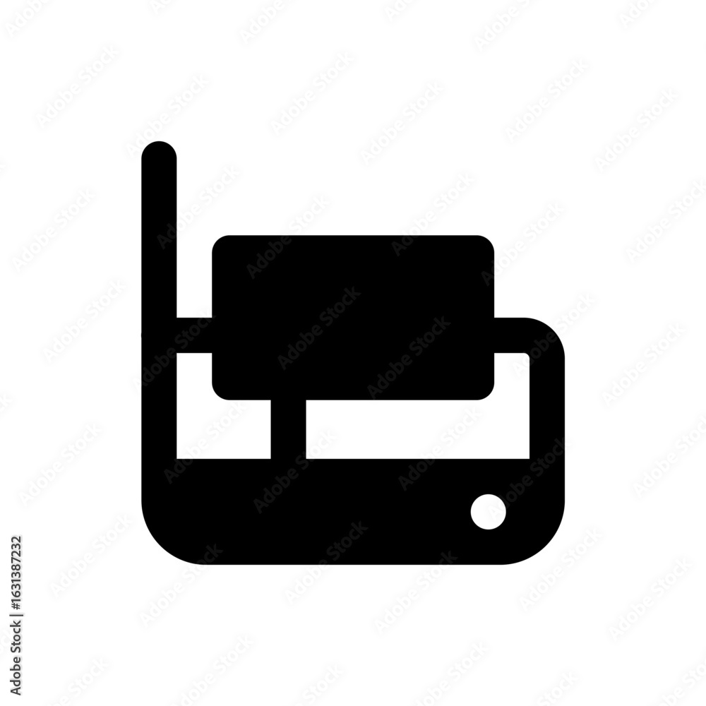 Poster illustration of a black printer with a visible antenna and a single button on the front panel design