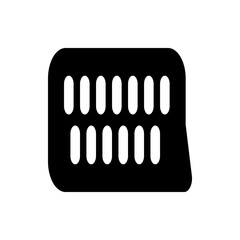 Black rectangular shape with rounded corners and two rows of oval cutouts and a slanted edge on the right