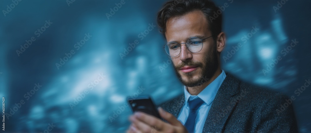 Poster professional man using smartphone for communication and connectivity with blurred abstract backgroun