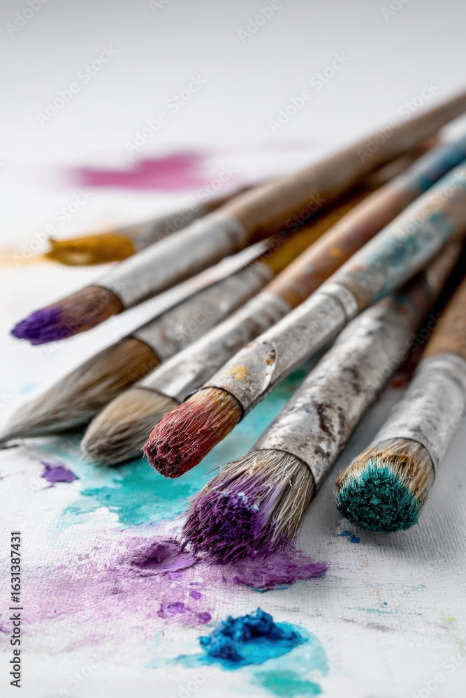 Poster close-up of paintbrushes with colorful paint splatters on canvas, demonstrating artistic expression 