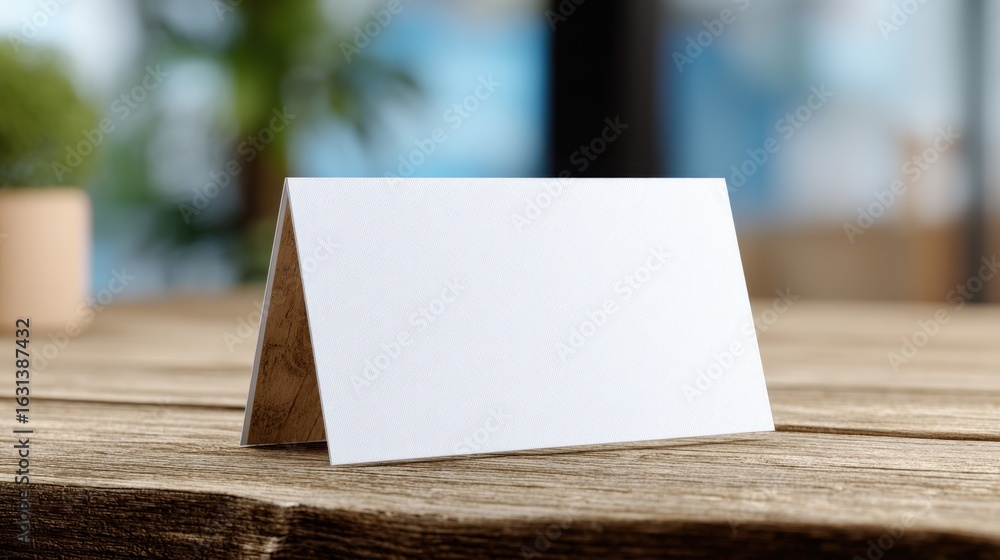 Poster blank table tent card mockup on rustic wood surface for customizable design and event display