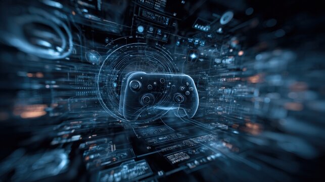 Futuristic Gaming Interface: Advanced Technology and Virtual Reality Controller Visualization in Blue Tones