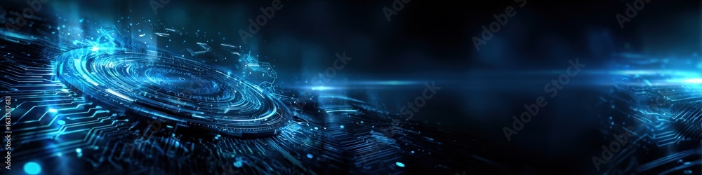 Aufkleber futuristic technology background with glowing blue circuitry and data streams, abstract digital desi