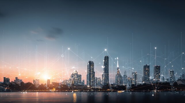 Futuristic Cityscape at Sunset with Digital Network Overlay, Modern Urban Skyline, Technological Advancement and Connectivity - Powered by Adobe