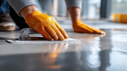 Close-up of flooring application of self leveling screed with steel trowel tool, using orange protective gloves