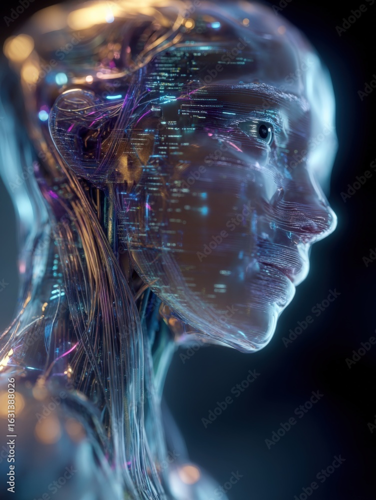 Poster futuristic female ai head with intricate circuitry and glowing data streams, representing artificial