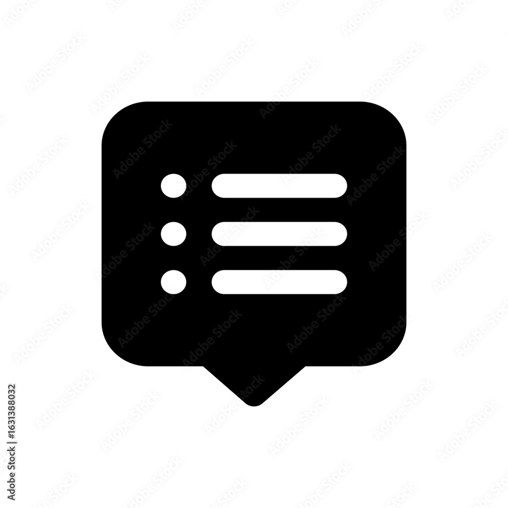 Poster black speech bubble icon with three dots and three lines representing a list or menu interface eleme