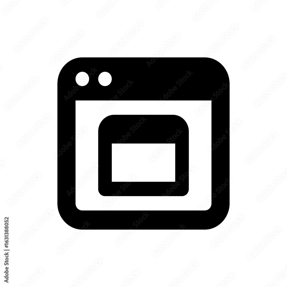 Poster depicting a black and white icon of a computer screen with two circles in the upper left corner and 