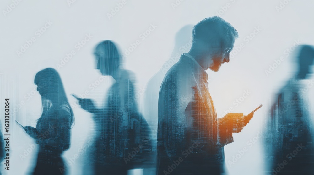 Poster abstract business people using mobile devices in modern city, representing communication and connect