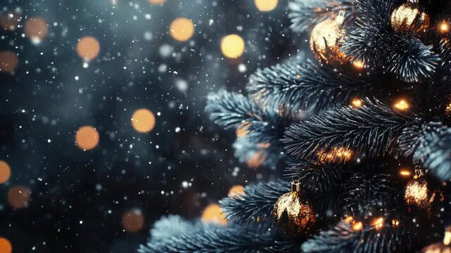 A close-up of a Christmas tree with ornaments and snowflakes in the background.