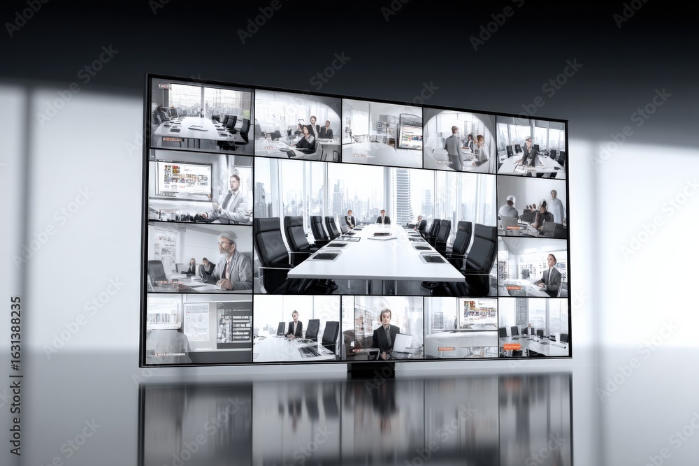 Poster video conference display showing multiple business meetings in progress for remote collaboration and