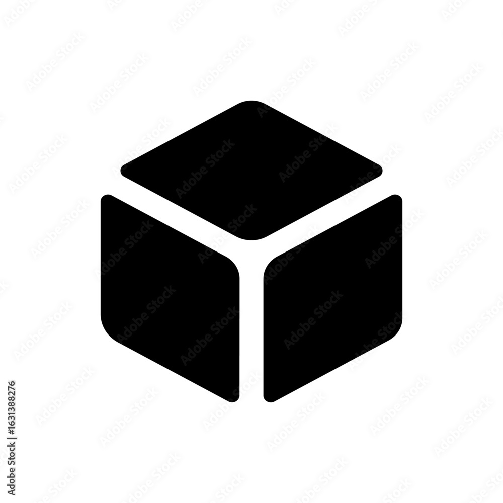 Poster illustration of a solid black cube with rounded edges and white lines separating the cube faces nice