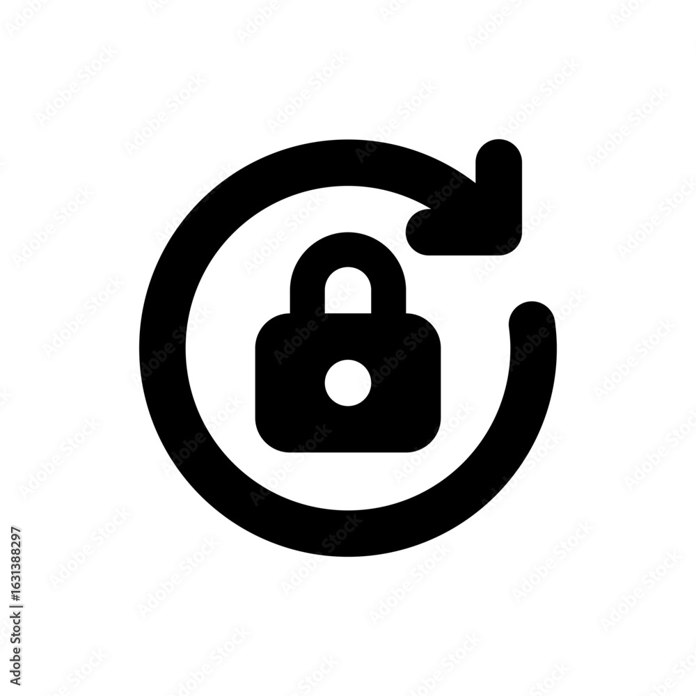 Poster black padlock with white circle in the center surrounded by a circular arrow pointing leftward