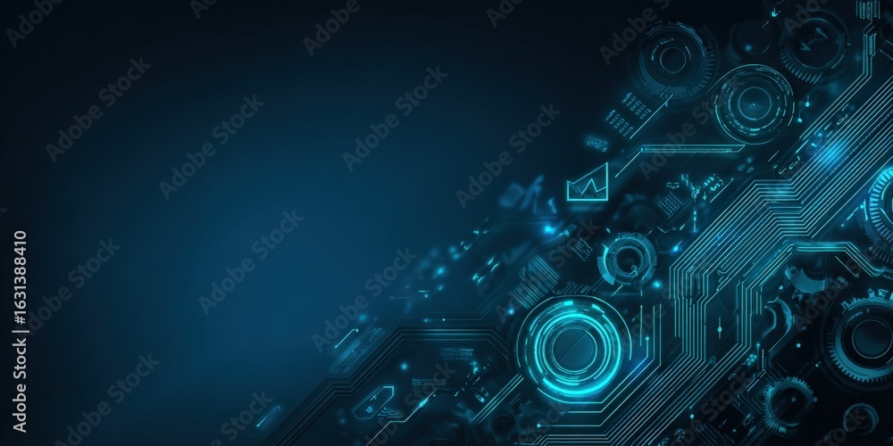 Poster futuristic technology circuit board background with glowing blue lights and space for text or graphi