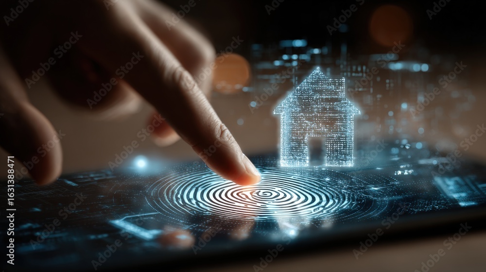 Poster smart home automation technology: fingerprint access and digital house control system interface on t