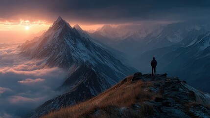 Silhouetted figure stands atop a mountain peak at sunrise, overlooking a valley blanketed in clouds and snow-capped mountains