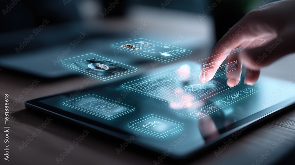 Poster digital interface on tablet screen displaying holographic elements for business applications and fut