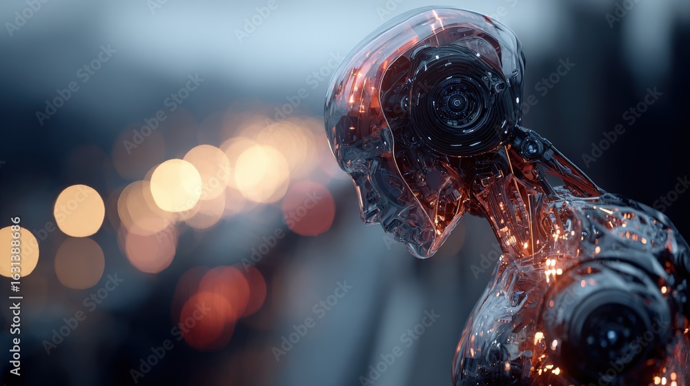 Poster futuristic humanoid robot with visible circuitry contemplating city lights, embodying advanced techn