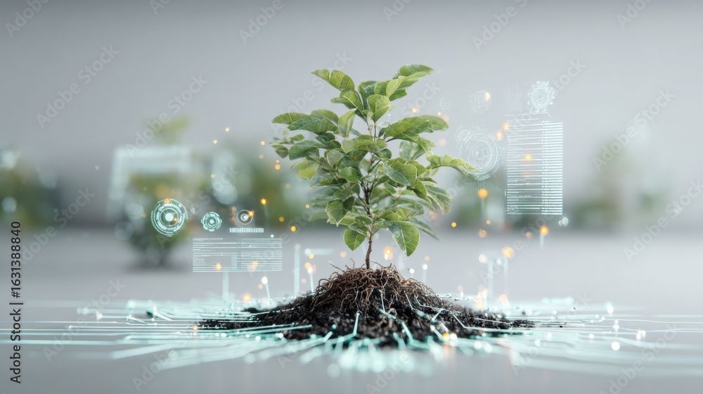 Aufkleber digital growth concept: seedling emerging with tech overlay, representing innovation and sustainable