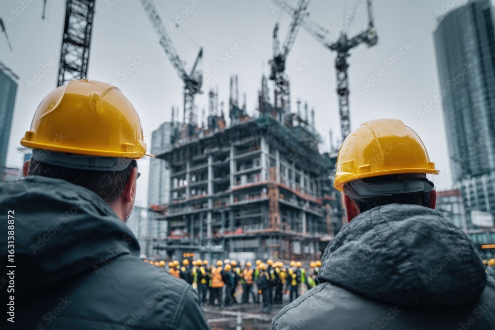Poster construction site overview with engineers wearing hard hats inspecting the development of a skyscrap