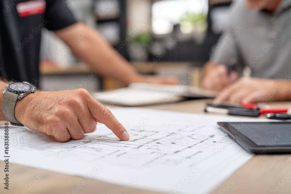 Aufkleber close-up of architect's hand pointing to blueprint on table with team for construction consultation