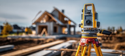 Theodolite on construction site surveying land for new house development, architectural planning and precision measurements