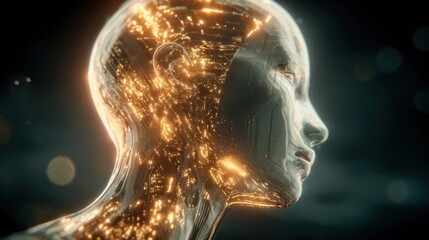 Artificial Intelligence Futuristic Concept: Humanoid Head with Glowing Neural Network for Advanced Technology and Digital Transformation