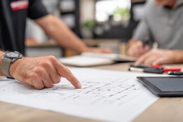 Close-up of Architect's Hand Pointing to Blueprint on Table with Team for Construction Consultation