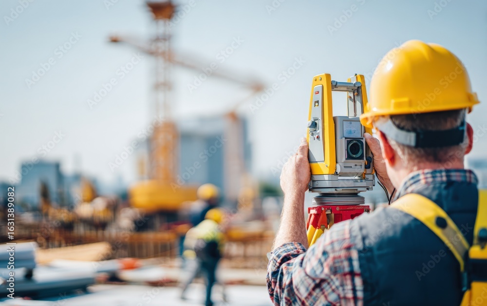 Aufkleber surveyor using theodolite on construction site with crane and building in the background on a sunny 