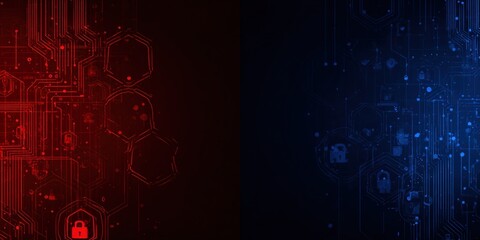 Red and Blue Futuristic Technology Background with Security Lock Symbols, Circuit Board Design, and Abstract Digital Elements