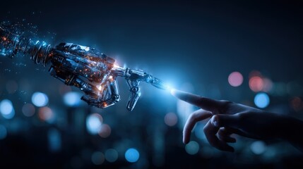 AI Futuristic Connection: Human Finger Touches Robotic Hand in a Digital Cityscape, Showcasing Technology Integration