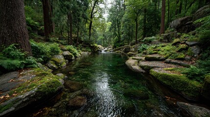 Obraz premium Tranquil forest stream. Lush green trees line a clear, shallow stream, with mossy rocks and ferns