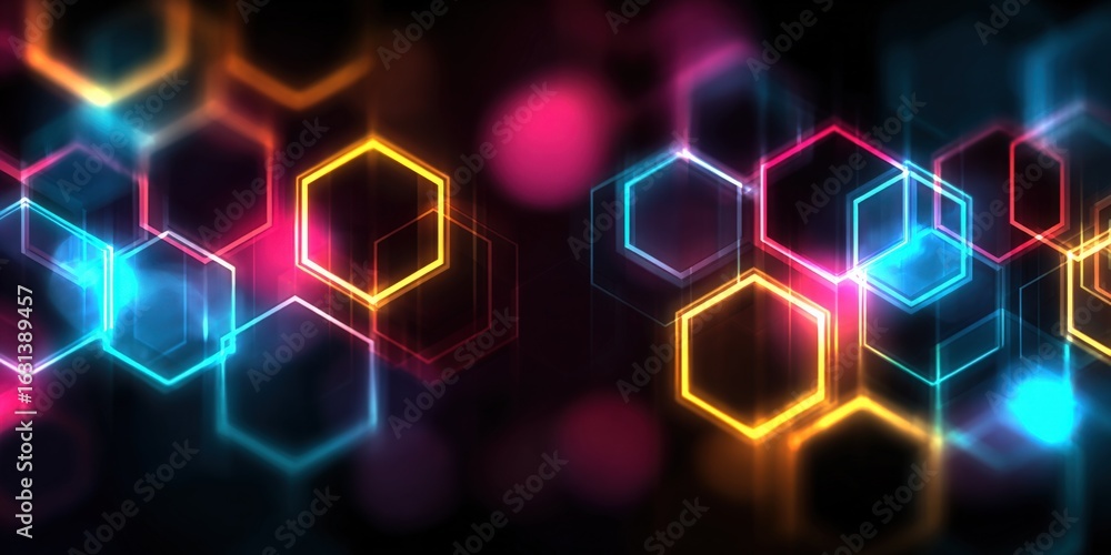 Poster futuristic neon hexagons pattern background, abstract technology design with glowing colorful lights