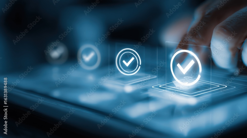 Poster digital checklist concept: man tapping touchscreen with checkmarks for online tasks and approval, bl