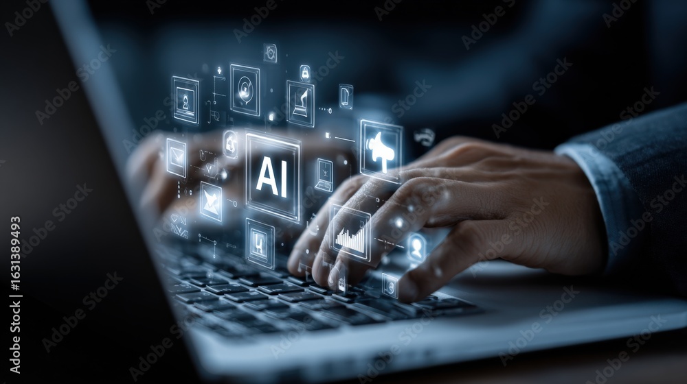 Poster ai integration: hands typing on laptop with artificial intelligence icons overlaying screen