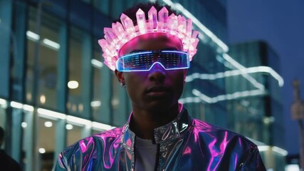A stylish individual wearing a crystal crown and neon glasses stands against a modern city backdrop at night - Powered by Adobe