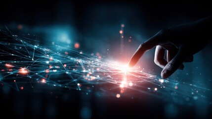 Interactive Technology: Person Touching Digital Network, Data Visualization, and Connection Concept with Futuristic Interface