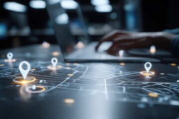 Business Professional Analyzing Location Data on a Laptop with Map Pins Representing Points of Interest
