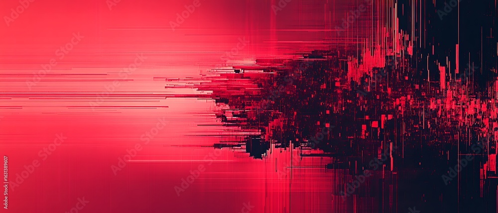 Poster abstract red and black digital glitch art with horizontal lines and distorted shapes.
