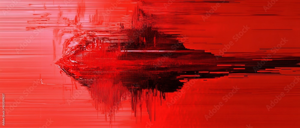 Poster abstract red and black digital glitch art with horizontal lines and distorted shapes.