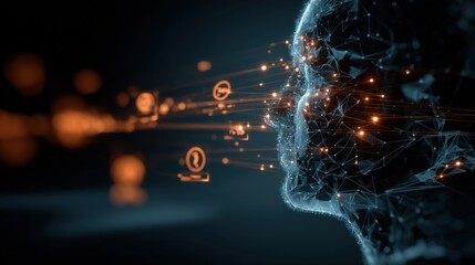 Artificial Intelligence Face with Data Streams, Conceptual Visualization of Machine Learning, and Futuristic Technology Design